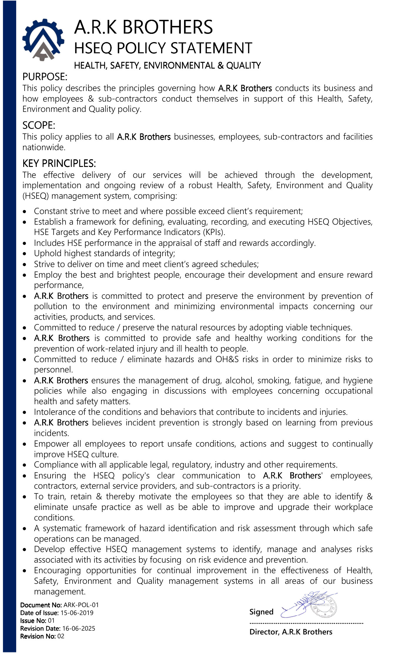 ARK Brothers HSEQ Policy Statement document