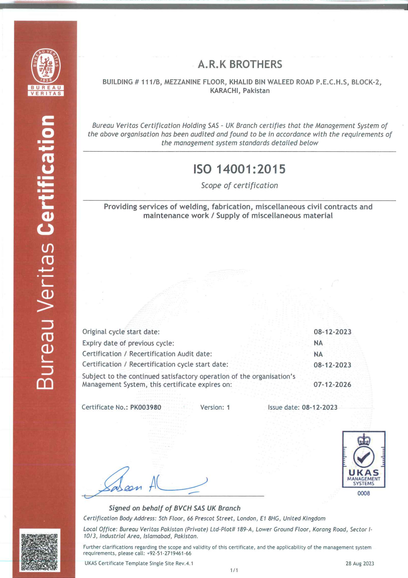 ARK Brothers ISO 14001:2015 certificate