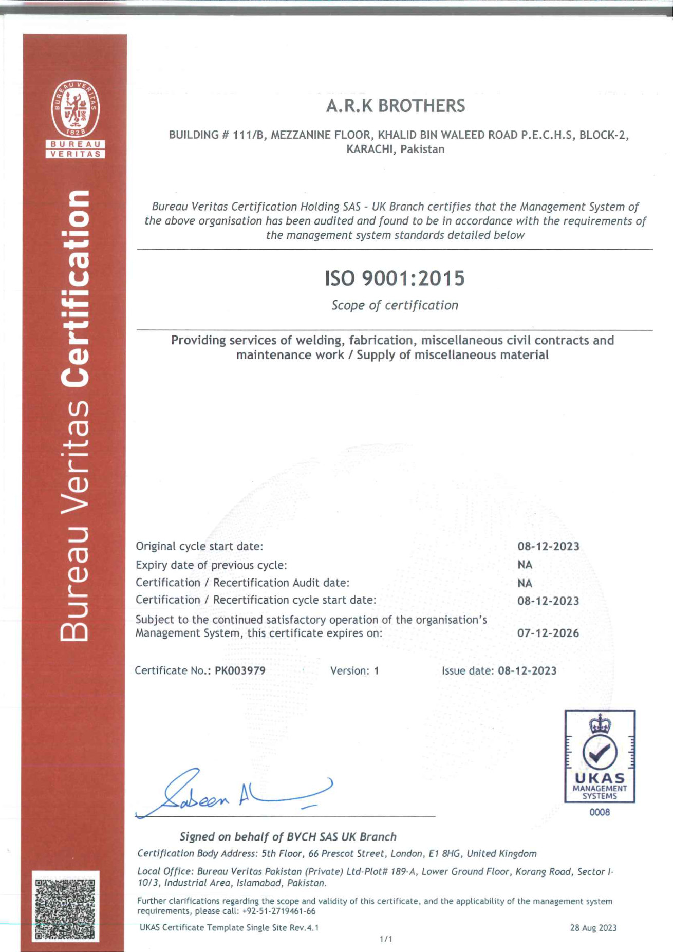 ARK Brothers ISO 9001:2015 certificate